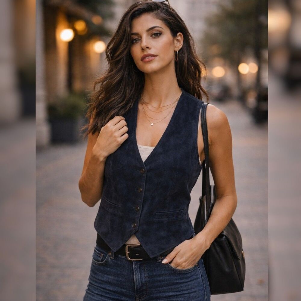 Vtg Dont Stop Classics L Black Suede Leather Vest Snap Front Western Rockabilly